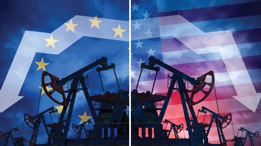 European and American flags as backdrop to drilling rigs