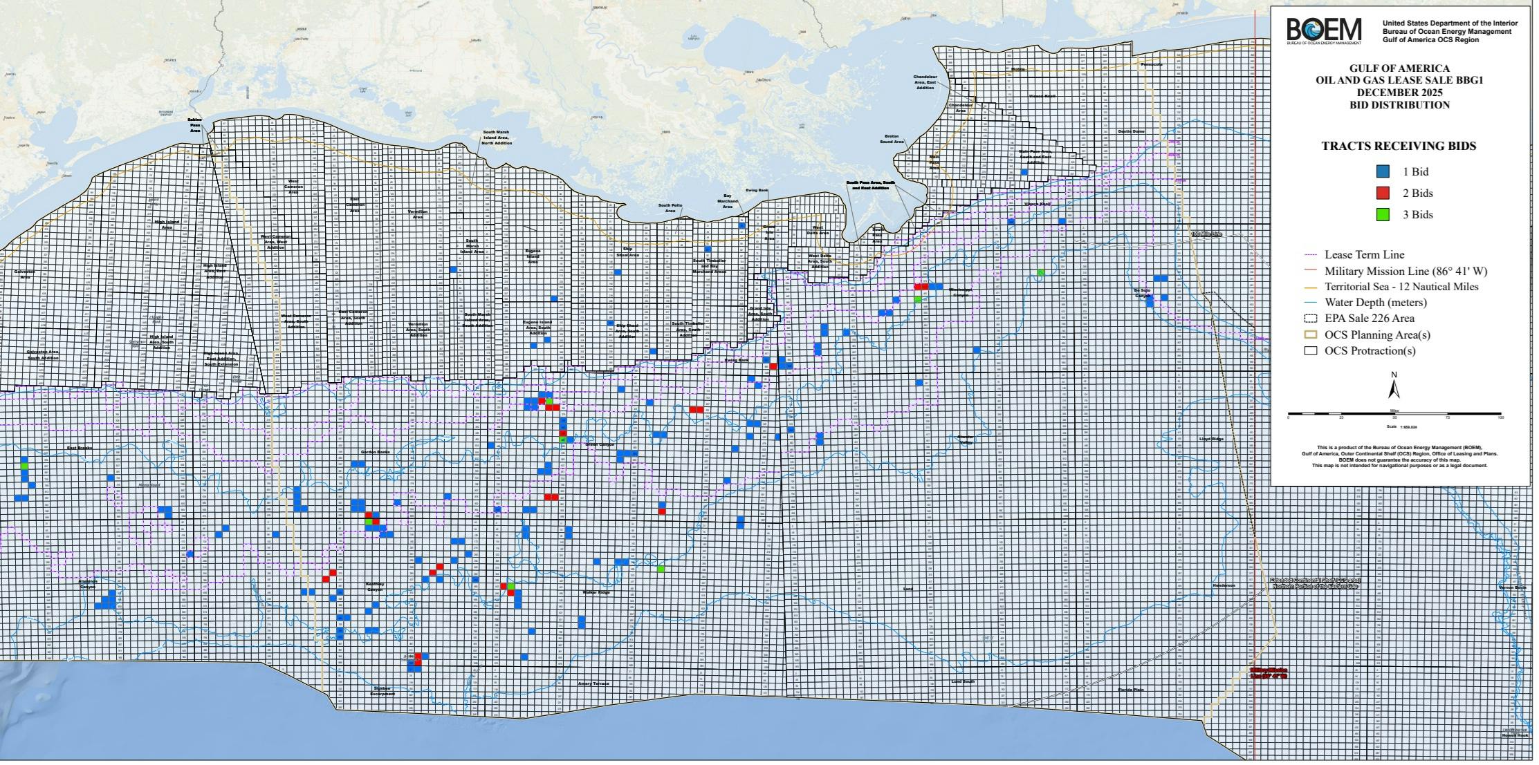 Map of active leases and bids received for Big Beautiful Gulf 1 (BBG1) Oil & Gas Lease Sale (Dec. 10, 2025)