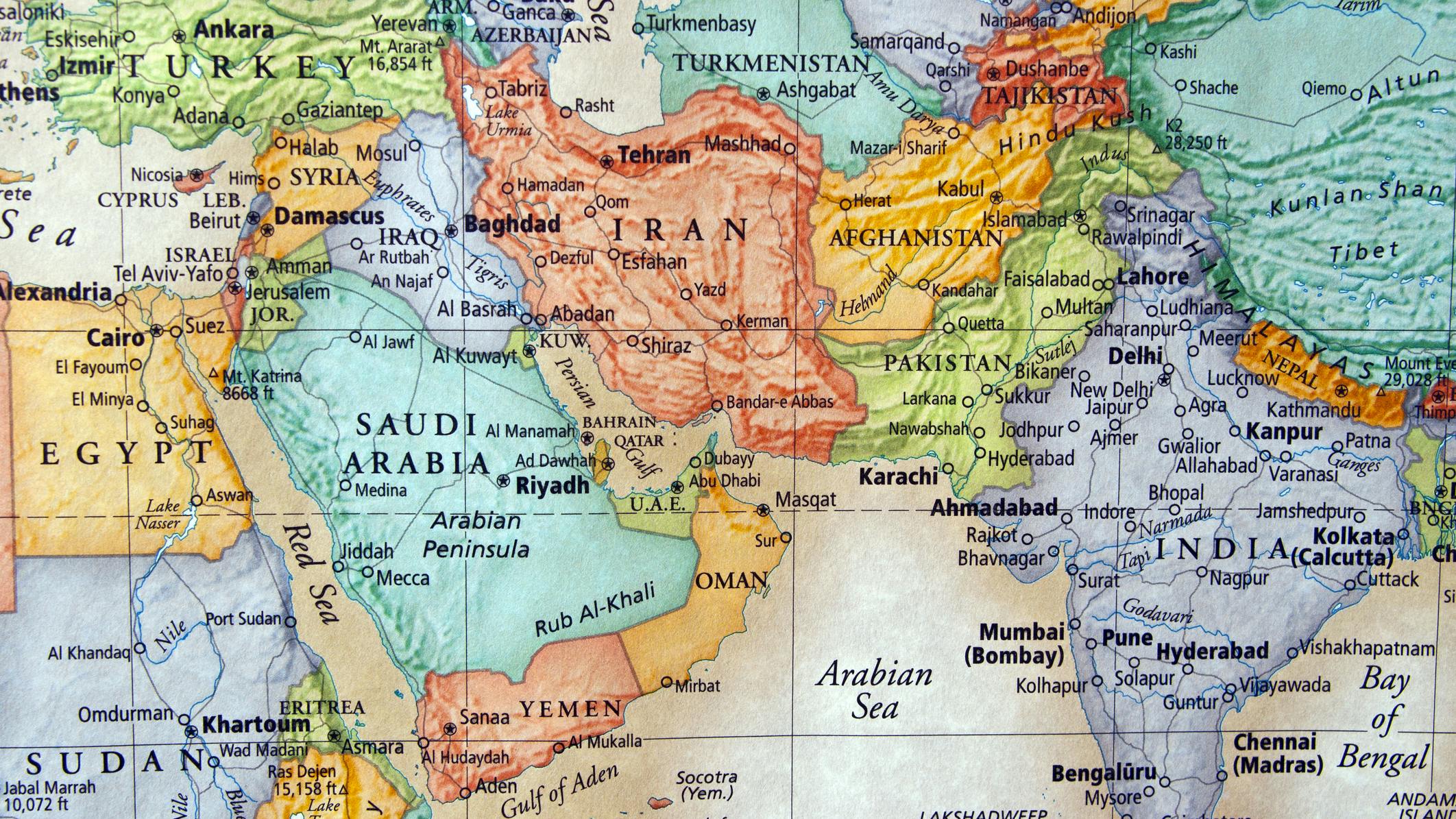 Middle East map with Iran centered