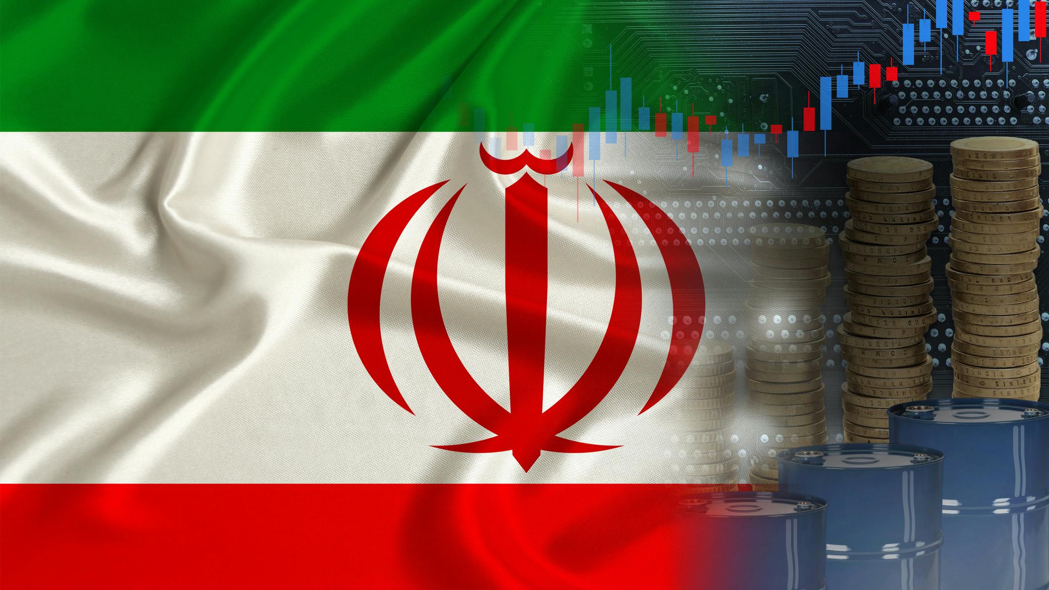 Iranian flag over barrels of oil, metal coins, oil futures trading concept