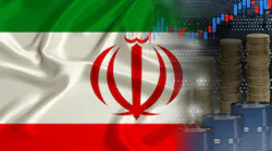 Iranian flag over barrels of oil, metal coins, oil futures trading concept Iranian flag over barrels of oil, metal coins, oil futures trading concept