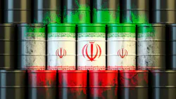 Stacked oil barrels painted with the colors and emblem of the Iranian flag Stacked oil barrels painted with the colors and emblem of the Iranian flag