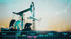 Oil industry and index concept with oil pump jack silhouettes at sunset field background and virtual financial chart Oil industry and index concept with oil pump jack silhouettes at sunset field background and virtual financial chart