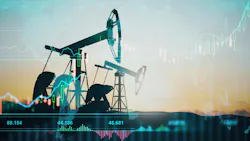 Oil industry and index concept with oil pump jack silhouettes at sunset field background and virtual financial chart Oil industry and index concept with oil pump jack silhouettes at sunset field background and virtual financial chart