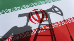 oil pumping infrastructure shadow in front of Iran flag oil pumping infrastructure shadow in front of Iran flag