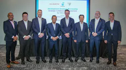 Men from Petronas, Valaris, and Halliburton stand together following signing of an agreement Men from Petronas, Valaris, and Halliburton stand together following signing of an agreement