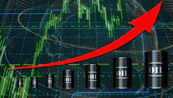 Barrels of oil on top of world map and red arrow on graph increasing. Rising oil price concept. Barrels of oil on top of world map and red arrow on graph increasing. Rising oil price concept.