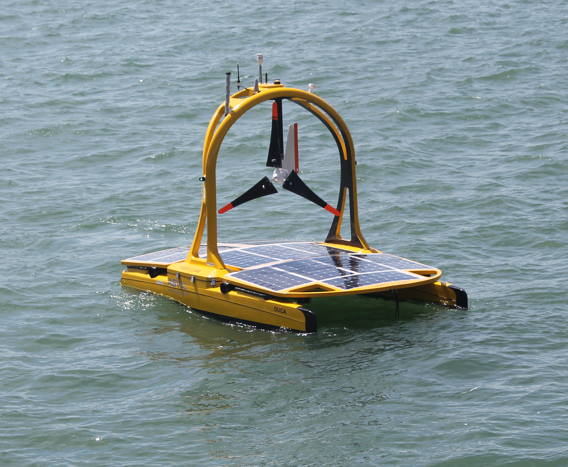 The ASV C-Enduro USV has a three-pillar power structure of solar, wind turbine, and diesel generator.