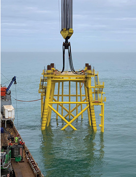 Installation this March of the 1,500-metric ton (1,653-ton) jacket for the Deutsche Bucht Offshore substation, 100 km (62 mi) offshore northern Germany.