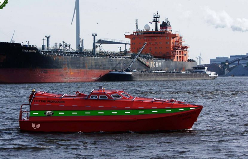 The electric freefall lifeboat is built by Verhoef and powered by Torqeedo