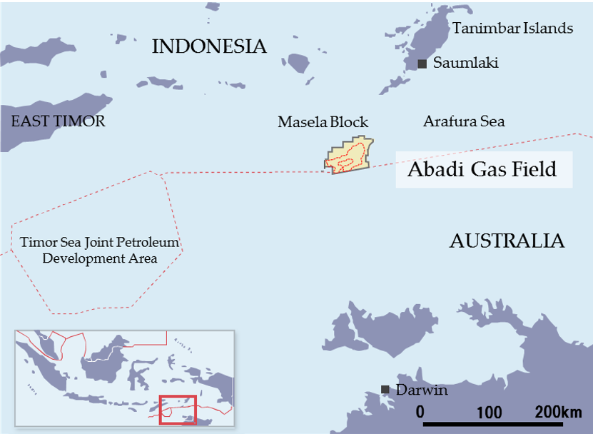 The Abadi gas field is in the Masela block in the Arafura Sea off Indonesia.
