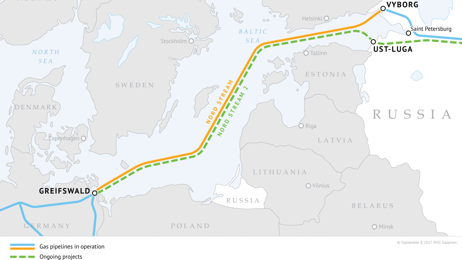 Map of the routes for Nord Stream and Nord Stream 2.