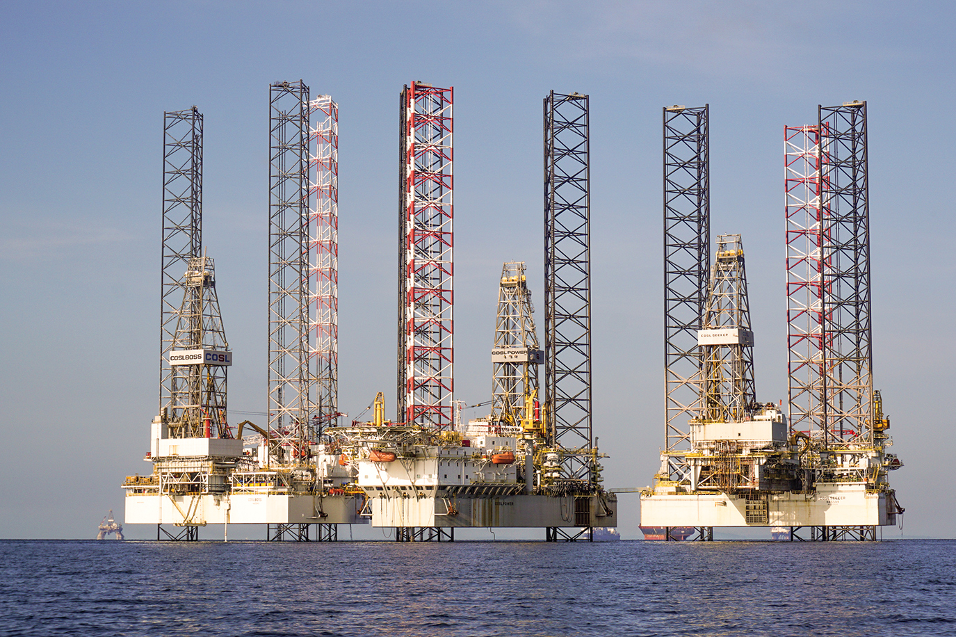 Stacked jackup rigs awaiting industry activity to increase.