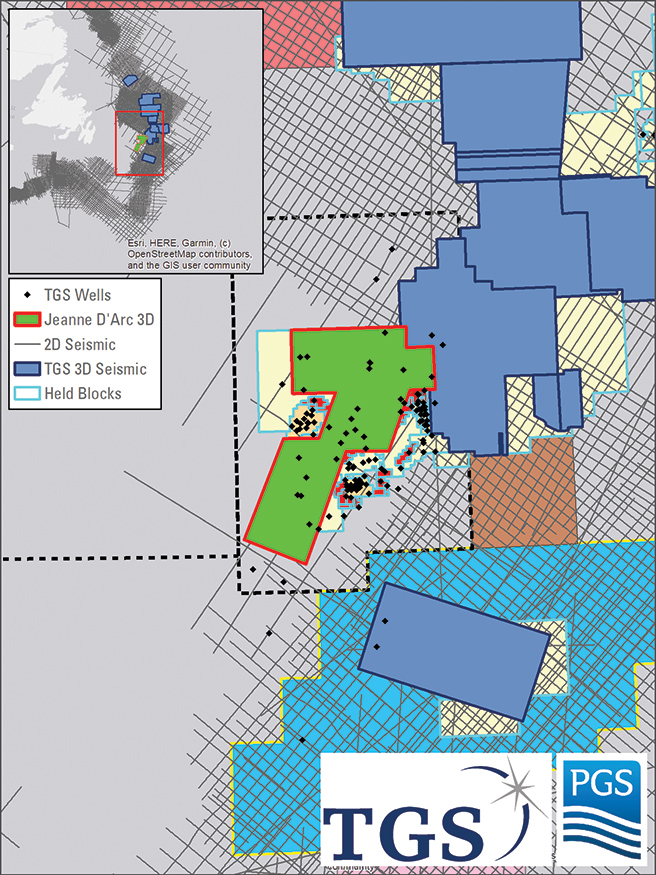 The Jeanne d&rsquo;Arc High Density 3D multi-client survey will cover about 5,000 sq km offshore Newfoundland. (Courtesy TGS and PGS)