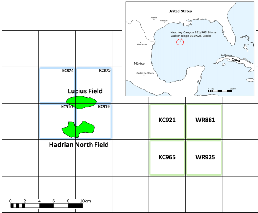 Keathley Canyon blocks 921 and 965 and Walker Ridge blocks 881 and 925 are about 380 km (236 mi) offshore Louisiana.
