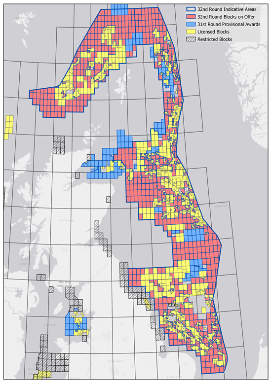 The 32nd Offshore Licensing Round offers 768 blocks or part-blocks across the main producing areas of the UK continental shelf in the central, northern, and southern North Sea and west of Shetland.