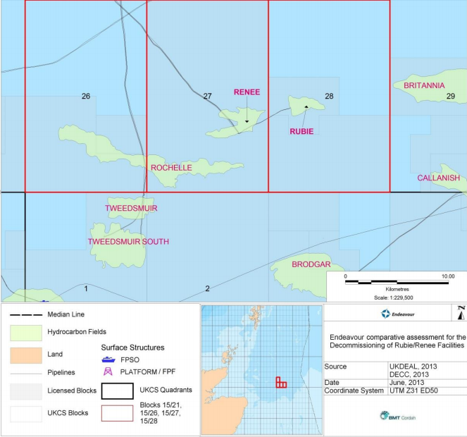 The Rubie and Renee fields are 200 km (124 mi) northeast of Aberdeen in the UK central North Sea.