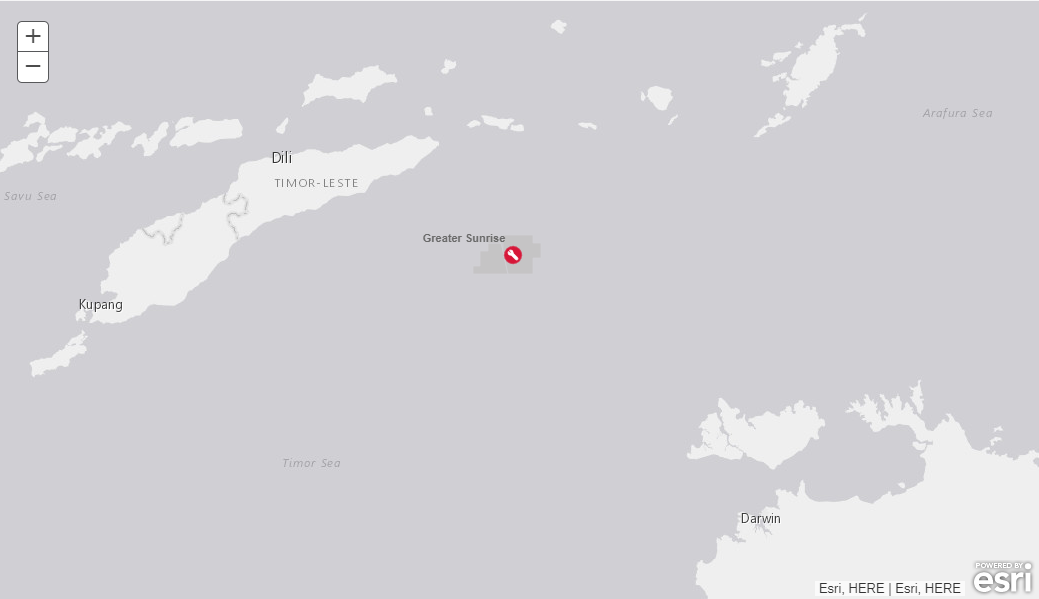 The Sunrise and Troubadour gas and condensate fields, collectively known as Greater Sunrise, are about 450 km (280 mi) northwest of Darwin and 150 km (93 mi) south of Timor-Leste.