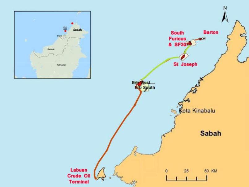 The 2011 North Sabah enhanced oil recovery production-sharing contract contains the St Joseph, South Furious, SF30 and Barton fields offshore Sabah, which collectively export to the Labuan crude oil terminal.