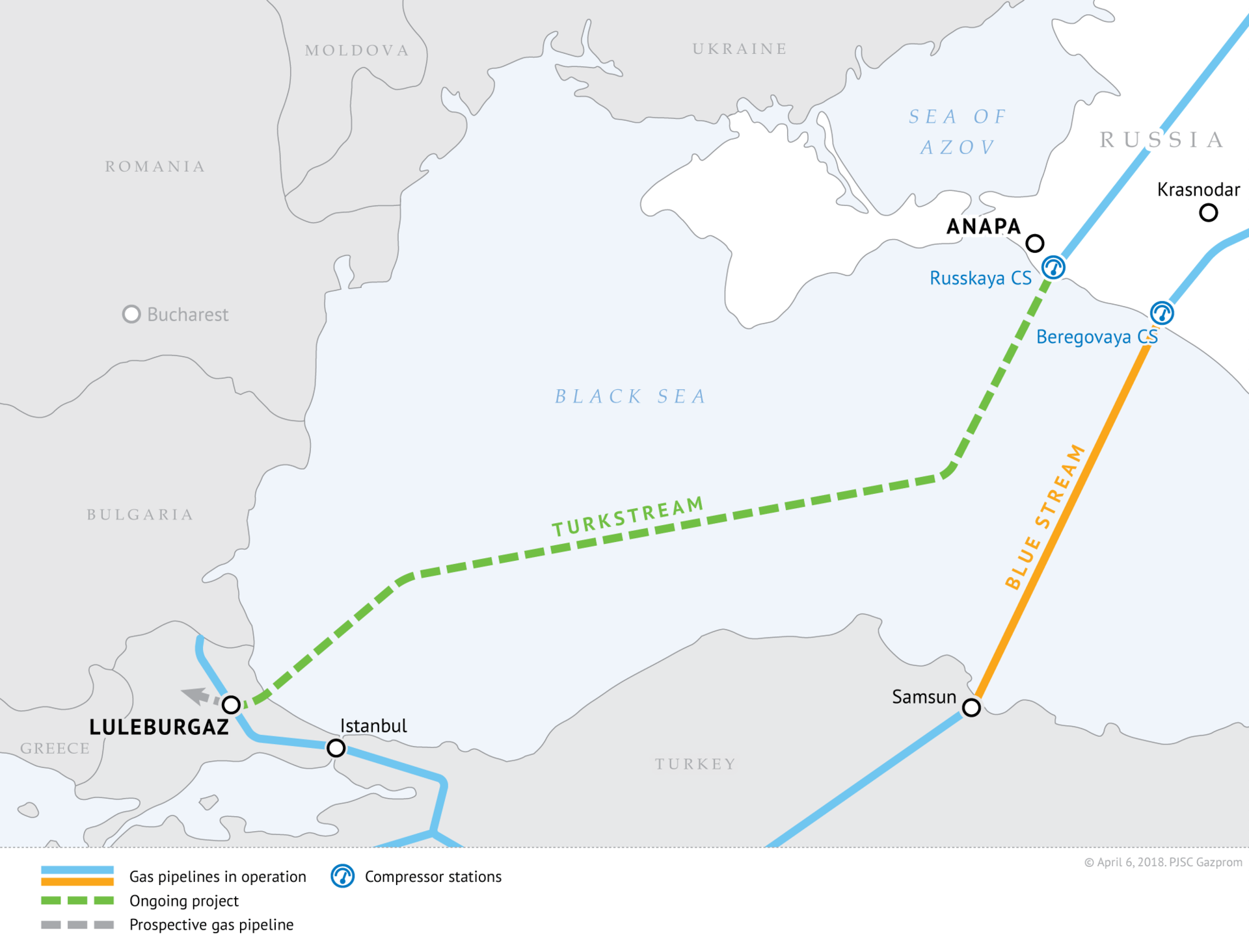 Route of the TurkStream pipeline across the Black Sea.