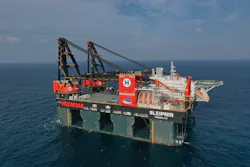 Sembcorp Marine’s Tuas Boulevard Yard in Singapore built the 722-ft (220-m) long, eight-legged vessel. Sembcorp Marine’s Tuas Boulevard Yard in Singapore built the 722-ft (220-m) long, eight-legged vessel.