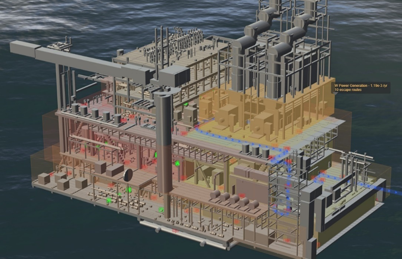 3D visual of risks (semi-transparent blocks), key points (green dots) and escape routes (blue lines).