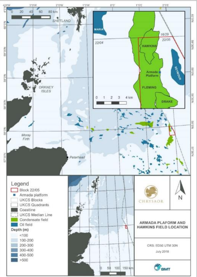 The Hawkins condensate field and Seymour oil field are in the UK central North Sea.