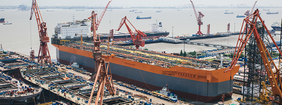 The FPSO Liza Unity is under construction at the Shanghai Waigaoqiao Shipbuilding and Offshore Co. shipyard in China.