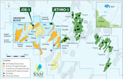 Locations of the Joe-1 and Jethro-1 discovery wells offshore Guyana. Locations of the Joe-1 and Jethro-1 discovery wells offshore Guyana.