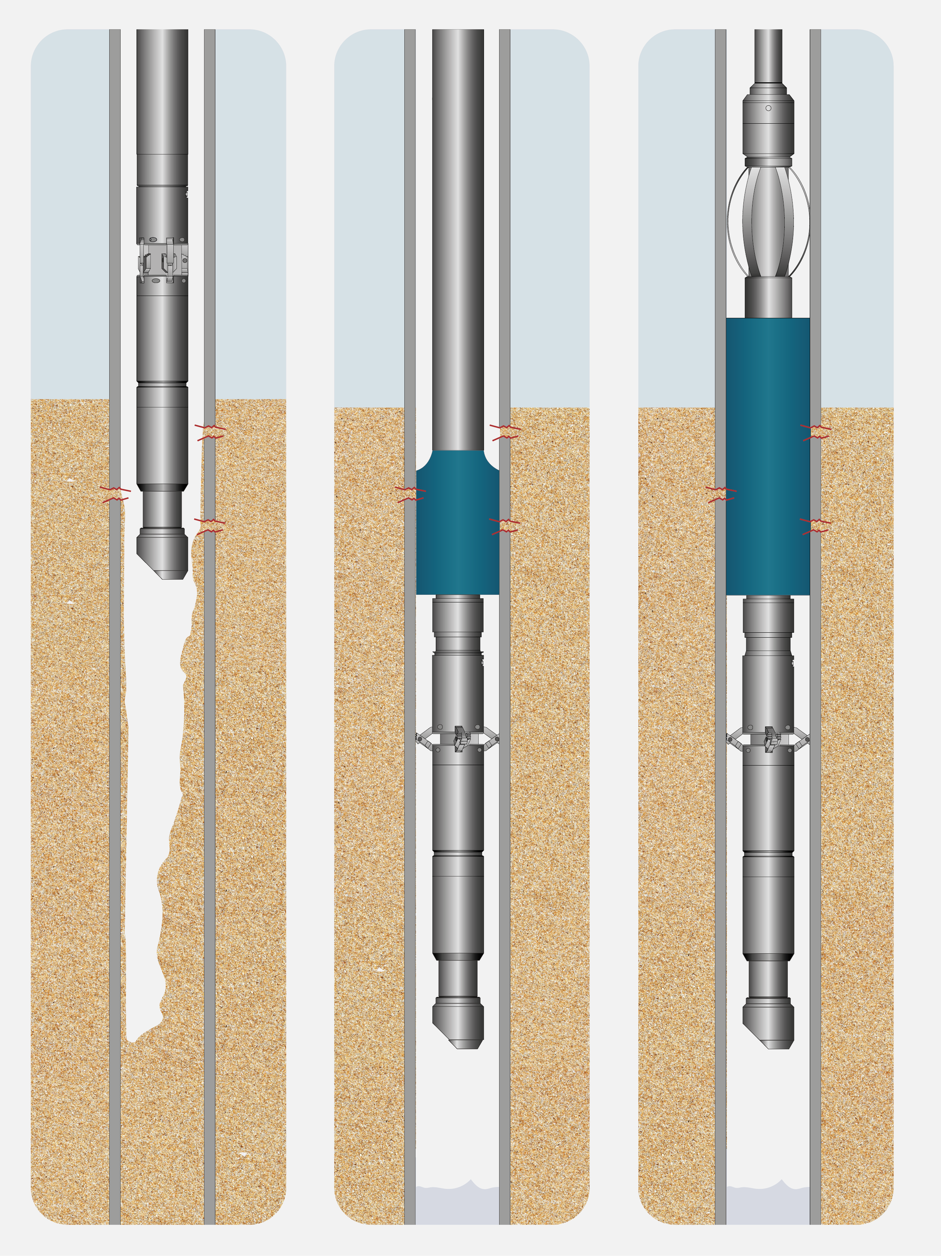 Sand clean out and screen installation by Filtrex is performed across three key stages.