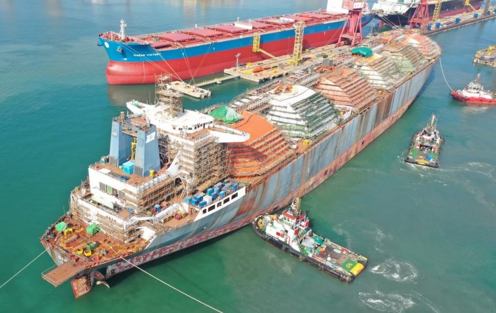 The FLNG vessel Gimi is under conversion at Keppel Shipyard in Singapore.