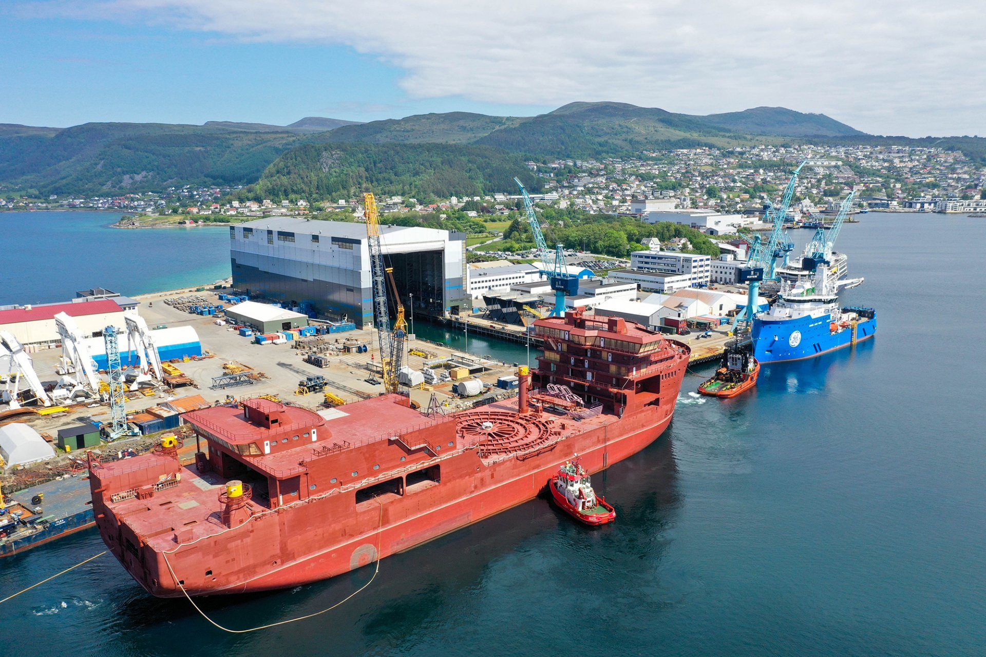 The hull of the CLV Nexans Aurora arriving at the Ulstein Verft shipyard in Ulsteinvik, Norway in June.
