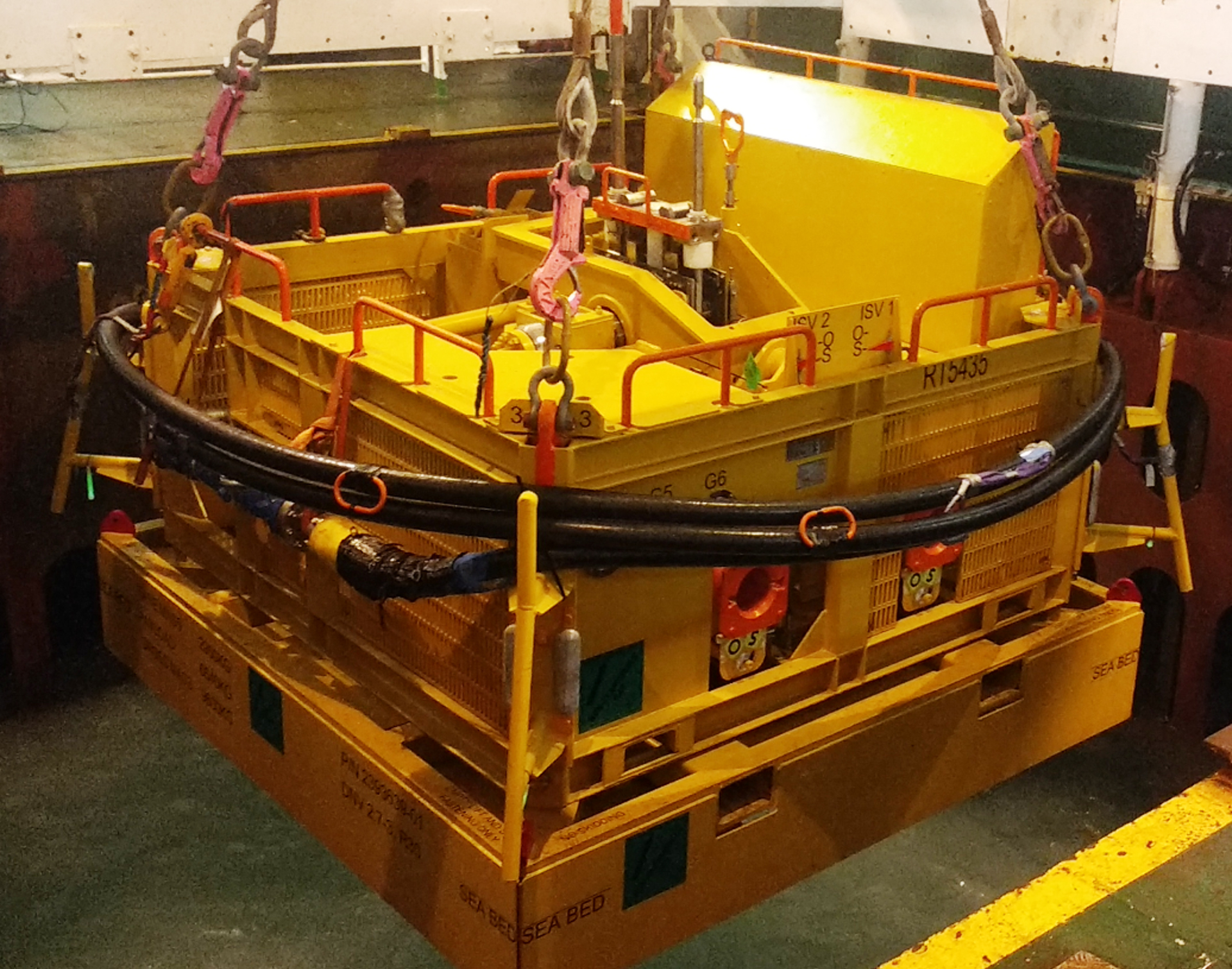 Subsea safety module with integral mud mat deployed on wire offshore the UK.