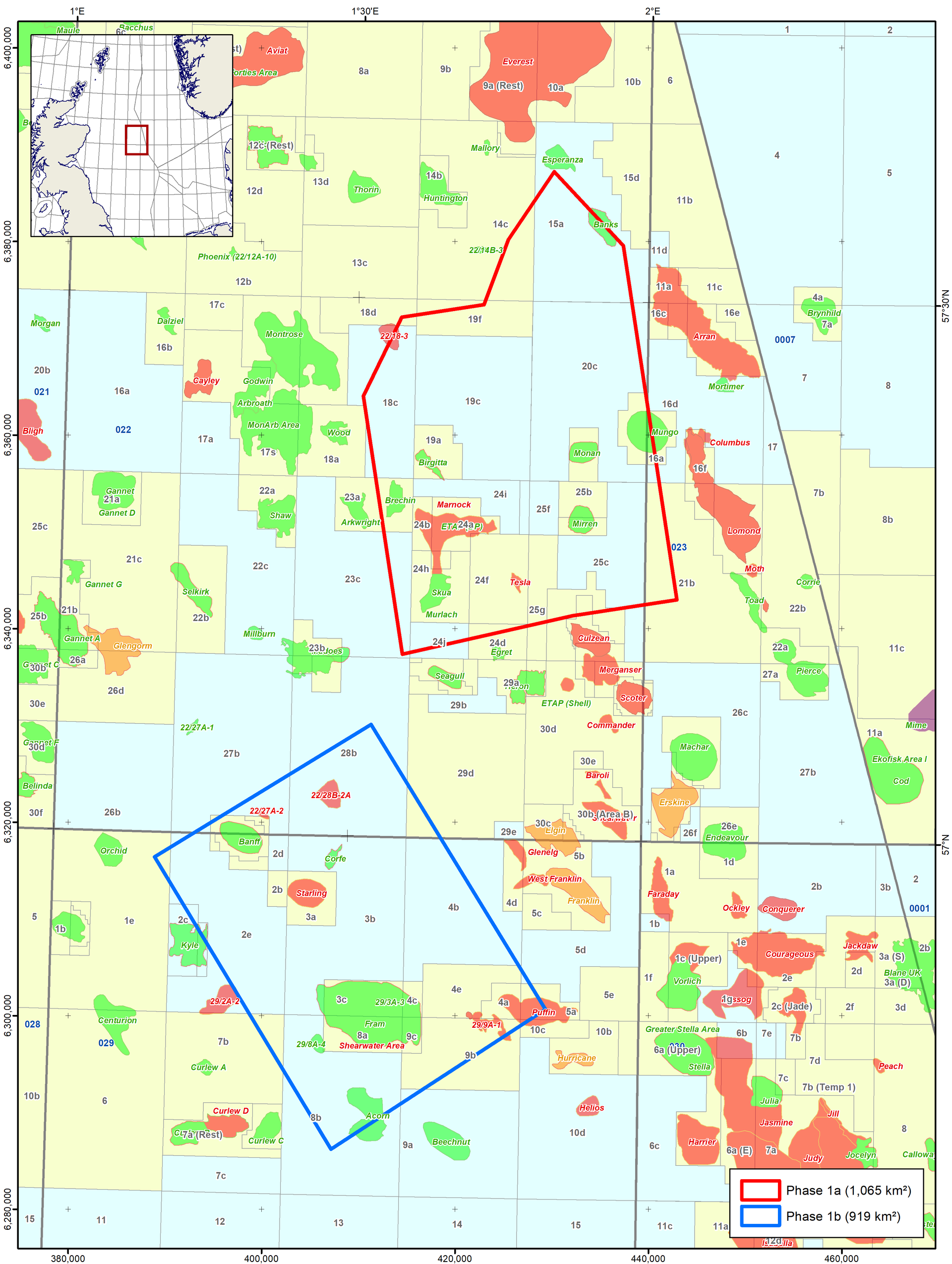 Map showing location of phases 1a and 1b of the company&rsquo;s ocean bottom node survey in the UK central North Sea.