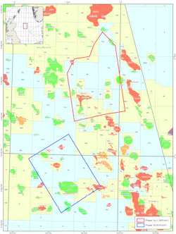 Map showing location of phases 1a and 1b of the company’s ocean bottom node survey in the UK central North Sea. Map showing location of phases 1a and 1b of the company’s ocean bottom node survey in the UK central North Sea.