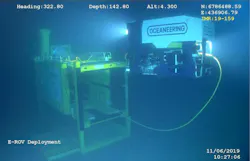 The Liberty E-ROV deployed from its cage subsea. The Liberty E-ROV deployed from its cage subsea.