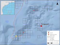 The Leopard oil discovery is ~245 mi (394 km) south-southeast of Houston. The Leopard oil discovery is ~245 mi (394 km) south-southeast of Houston.