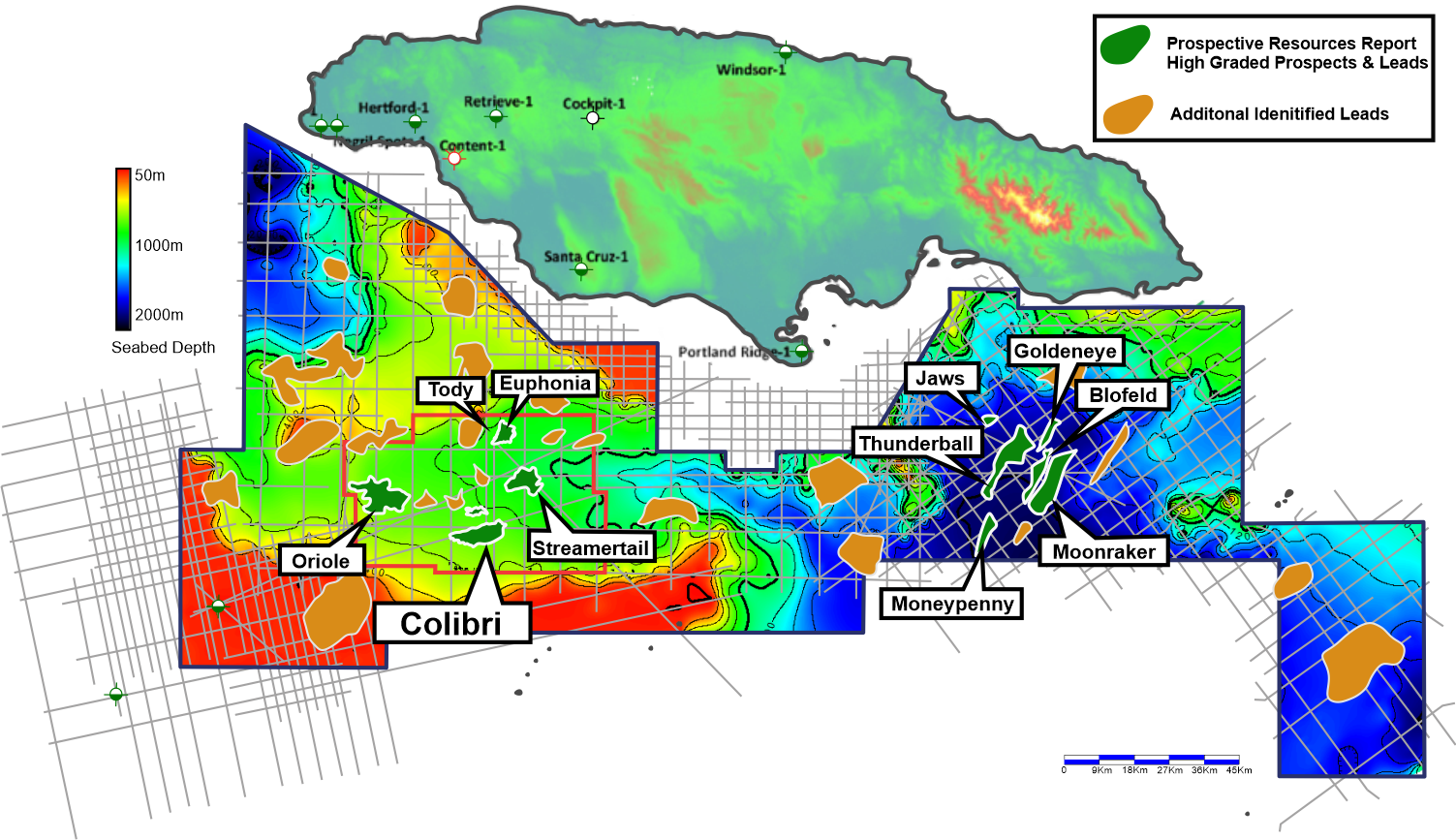 Identified prospects and leads on the Walton Morant license offshore Jamaica.