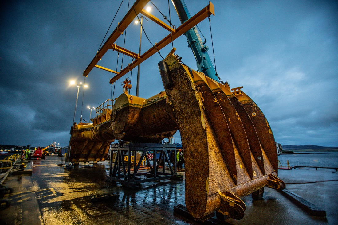 Blue X on the dockside at Hatston Pier in Orkney following its five-month test program.