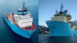 The anchor handling tug supply vessels Maersk Lancer (left) and Maersk Launcher. The anchor handling tug supply vessels Maersk Lancer (left) and Maersk Launcher.