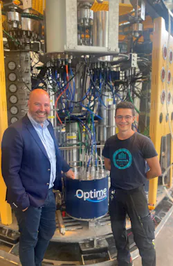 Jan-Fredrik Carlsen and Pezhman Tofangsaz, Controls & Automation Engineer at Optime Subsea, in front of an SCILS unit. Jan-Fredrik Carlsen and Pezhman Tofangsaz, Controls & Automation Engineer at Optime Subsea, in front of an SCILS unit.