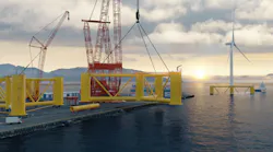 OCG-Wind is a semisubmersible platform, the hull of which comprises three outside circular columns connected mechanically with trusses to a central column that supports the wind turbine. OCG-Wind is a semisubmersible platform, the hull of which comprises three outside circular columns connected mechanically with trusses to a central column that supports the wind turbine.