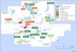 The map displays the top 20 prospects and discovered fields in the Bedout permits. The map displays the top 20 prospects and discovered fields in the Bedout permits.