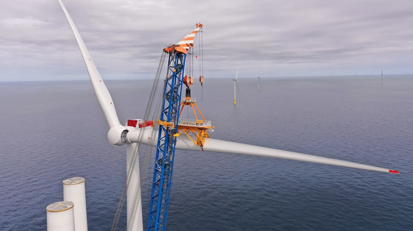Blade installation during the construction of &Oslash;rsted's Hornsea 2 offshore wind farm