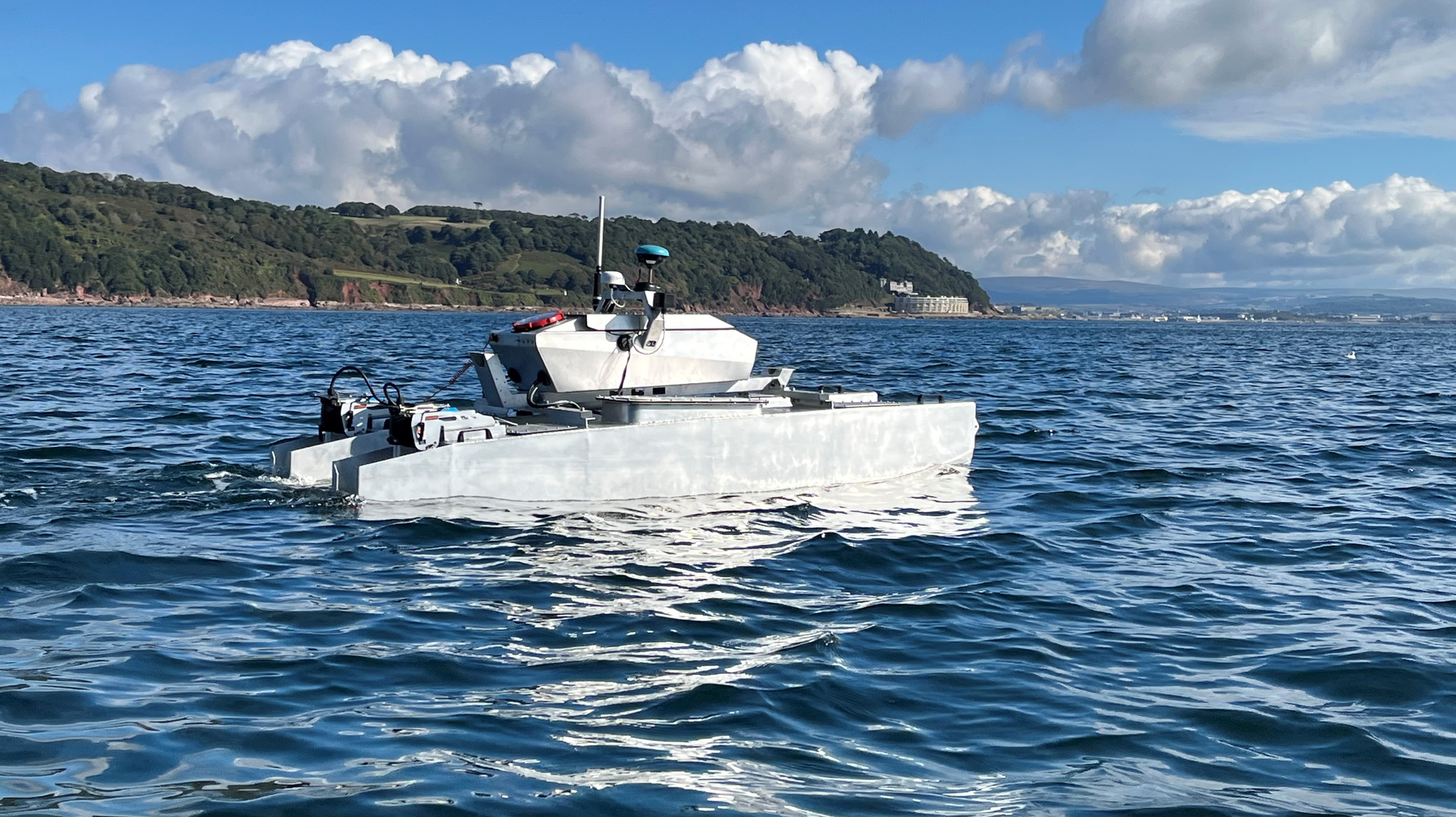 The HydroSurv REAV-28 USV at Cawsand Bay, Cornwall, UK.