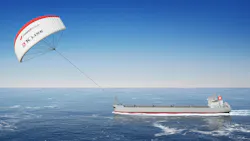 Artist rendering of the Seawing automated kite system on the Corona Citrus coal carrier. Artist rendering of the Seawing automated kite system on the Corona Citrus coal carrier.