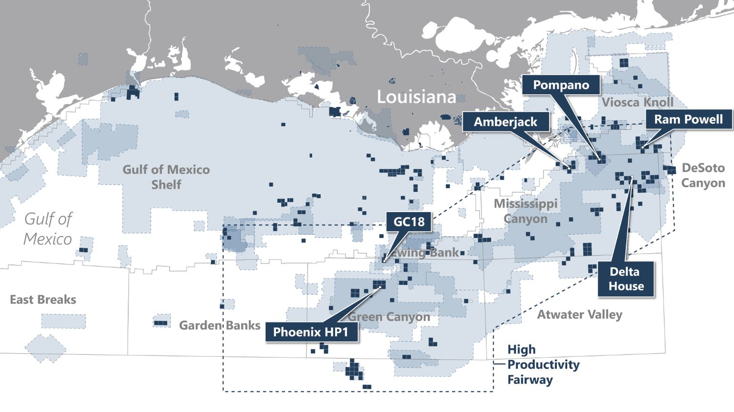 Talos GoM acreage is highlighted in dark blue, and Talos seismic areas are represented with light blue shading.