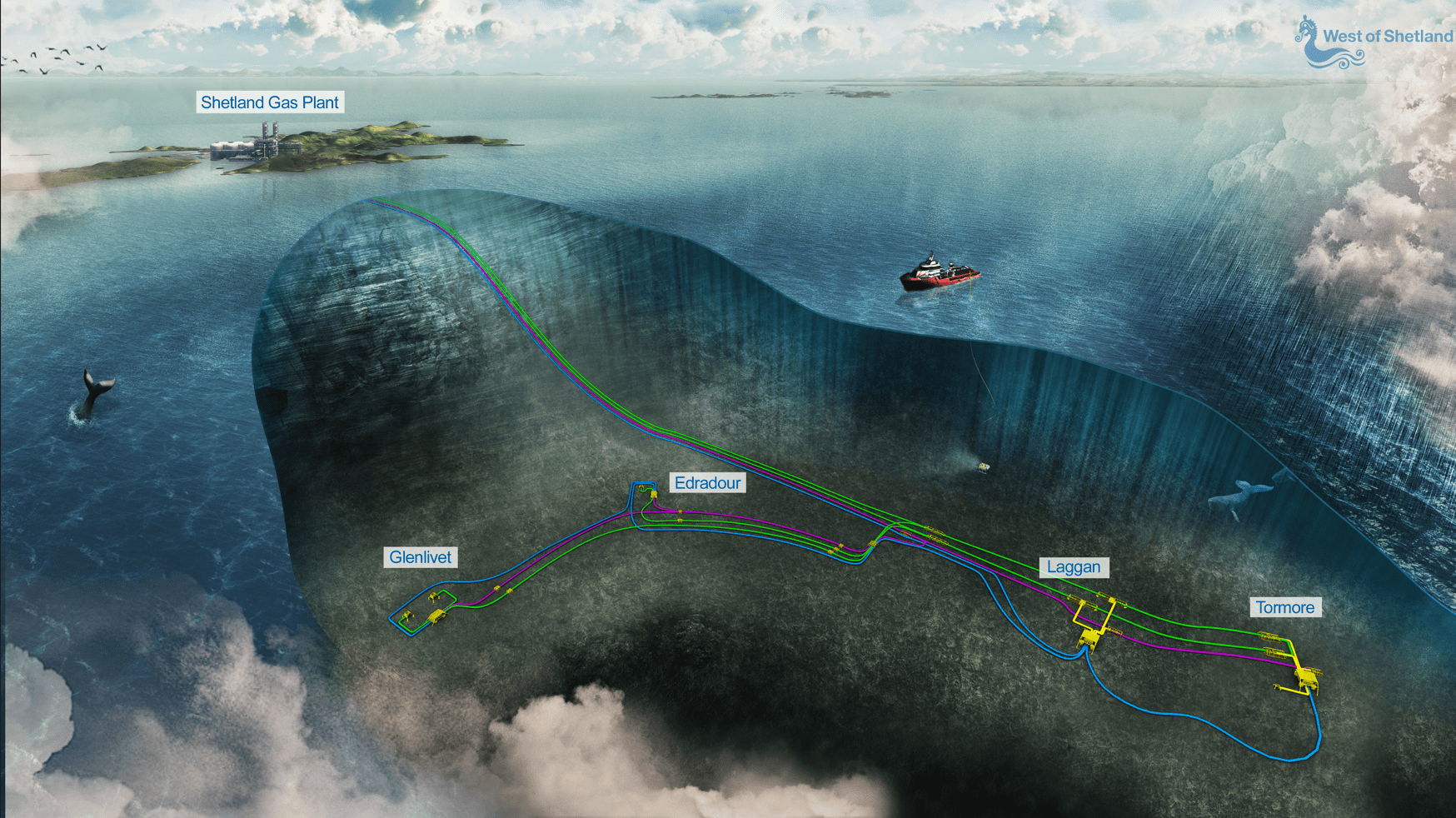 This illustration depicts the Greater Laggan Area (GLA) subsea infrastructure toward the Shetland Gas Plant (SGP). The GLA includes four producing gas-condensate fields: Laggan, Tormore, Edradour and Glenlivet. All four fields have been developed as subsea tiebacks to the SGP.