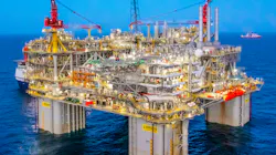 Operating in 4,500 feet of water, Argos stands 27 stories tall, and the platform has a deck the length and width of an American football field, and weighs more than 60,000 tons. Operating in 4,500 feet of water, Argos stands 27 stories tall, and the platform has a deck the length and width of an American football field, and weighs more than 60,000 tons.