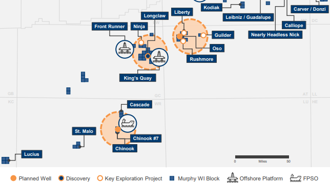 The map depicts some of Murphy Oil's GoM exploration area, including Longclaw.